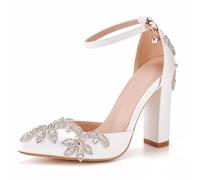 LYAHVGU Damen Brautschuhe, 10 cm Schlichte Pumps mit Strass-Blumen und spitzer Zehenpartie und Blockabsatz, Hochzeitsfeier, Geburtstag, Abend, Alltag, Büro, BrautsandalenWhite,40 EU