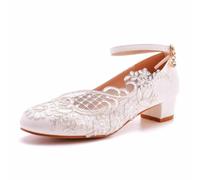 LYAHVGU Damen Brautschuhe, 3 cm große Prinzessinnen-Pumps aus Netzstoff mit Spitzenblumen und runder Zehenpartie, Hochzeitsfeier, Geburtstag, Abend, Alltag, Büro, BrautsandalenWhite,40 EU