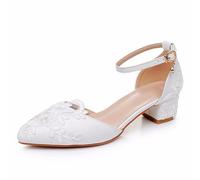 LYAHVGU Damen Brautschuhe, 4 cm Elegante Pumps mit Spitzen-Netzstoff und Blumenmuster spitzer Zehenbereich Dicker Absatz, Pumps für Brauthochzeiten, Abendpartys, 39 EU,White
