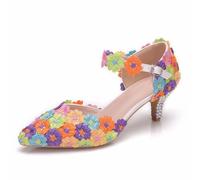 LYAHVGU Damen Brautschuhe, 5 cm Bunte Spitzenblumen und Strasssteine mit spitzem Zehenbereich und Stiletto-Pumps mit Knöchelriemen, Braut Hochzeit Party Abend Büro Arbeit Alltag High-Heel-Sandalen