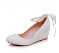 LYAHVGU Damen Brautschuhe, 5 cm Pumps mit elegantem Keilabsatz und Perlenband Knöchelriemen Schnalle, Pumps für Abendveranstaltungen und Hochzeiten, 39 EU,White