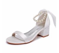 LYAHVGU Damen Brautschuhe, 5 cm Sandalen mit offenem Zehenbereich und Satin-Keilabsatz aus Perlenband, Hochzeits-, Party-, Geburtstags-, Abend-, Alltags- und Büro-Pumps für die Braut, 39 EU, Ivory