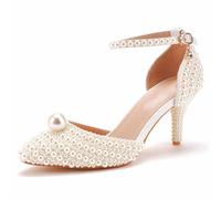 LYAHVGU Damen Brautschuhe, 7 cm einfache Stiletto-Pumps mit spitzer Zehenpartie und Vollperle, Hochzeit, Party, Abend, Alltag, Büro, Brautsandalen