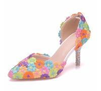LYAHVGU Damen Brautschuhe, 7 cm Pumps mit bunten Spitzenblumen und spitzer Spitze Stilettoabsatz, Pumps für Braut, Hochzeit, Party, Abend, Alltag, Büro, 42 EU,Multi-Colored