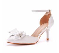LYAHVGU Damen Brautschuhe, 7 cm weiße Elegante Spitze-Stiletto-Pumps mit Schleife, Hochzeit, Party, Abend, Alltag, Büro, Brautsandalen