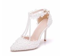 LYAHVGU Damen Brautschuhe, 9 cm weiße Spitze-Blumen-Perlen-Kette-Schnalle-Stiletto-Pumps mit spitzer Zehenpartie, Hochzeit, Party, Abend, Alltag, Büro, Prinzessin, Brautsandalen, 36 EU,White