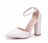 LYAHVGU Damen Brautschuhe, Elegante 10 cm Pumps mit spitzer Spitze und dickem Absatz in Unifarbe, Pumps für Abendveranstaltungen und Hochzeiten, 37 EU,White