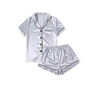 LYANER Damen Gestreift Seidig Satin Pyjama Kurzarm Top mit Shorts Nachtwäsche PJ Set, grau, X-Small