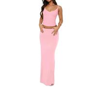 Lybiogs Zweiteiliges Rock-Set für Damen - sexy, 2-teilig, ärmellos, Spaghettiträger, plissiert, Tank-Top, Maxi-lange Röcke, Rosa, Größe S