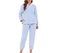 LYCY Damen Pyjama Set Fleece Flauschig Langarm Plüsch Schlafanzug Lange Hose Weich Warm Jacquard Lammwolle Gemütlich Hausanzug Zuhause Winter Freizeit(Hellblau, XL)