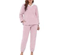 LYCY Damen Pyjama Set Fleece Flauschig Langarm Plüsch Schlafanzug Lange Hose Weich Warm Jacquard Lammwolle Gemütlich Hausanzug Zuhause Winter Freizeit(Hellrosa, L)