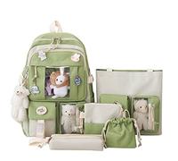 LYEAA 5-teiliges Schulrucksack-Set aus Segeltuch, Kawaii-Schulrucksäcke für Mädchen und Studenten, grün