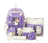 LYEAA 5Pcs Canvas Schulrucksack Combo Set, Kawaii Schule Rucksäcke for Mädchen Student, violett, 43x30x13 cm, 100%