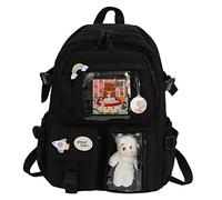 LYEAA Kawaii Rucksack mit Pins & Plüschtier-Anhänger, Frauen Mädchen adretter Stil PVC Patchwork Transparenter Rucksack Schultasche Große Kapazität Rucksack Handtaschen, Stil D, schwarz