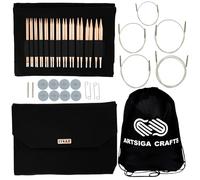 Lykke Rundstricknadel Cypra, 13 cm, austauschbare Spitzen aus poliertem Kupfer, US 3, 4, 5, 6, 7, 8, 9, 10, 10,5, 11, 13 und 15, 5 Seile, Verbinder, veganes Wilderleder-Etui in Schwarz, Projekttasche