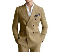Lynerun Herren-Anzug aus Leinen, 2-teilig, zweireihig, Blazer, Hose, Set, schmale Passform, lässig, Sommer, Strand, Hochzeit, Leinen-Smoking für Herren, Khaki, 3XL