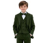 LYOUCI Jungen Tweed-Anzug, 3-teilig, Smokinganzug für Jungen, Zwei-Knopf-Anzüge, Jacken, Weste, Hosen, Set für Kinder, Grün , 14