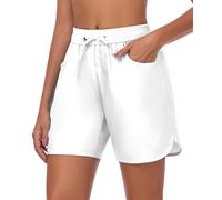 LYRIKER 6" High Waist Badeshorts Damen Lang Badehose mit Bein Sommer Bikini Shorts Frauen Trunks Schwimmhose Weiß S