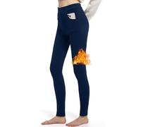 LYRIKER Winter Thermo Leggings Gefüttert Damen Fleece Winterleggings aus Baumwolle Thermoleggins mit Taschen Navy (M-L)