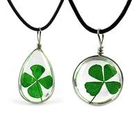 Lyxtiorn Halskette mit Anhänger mit echtem vierblättrigem Kleeblatt, Unisex, transparent, Glücksbringer, Herzanhänger, Halskette, Schmuck, Geschenke, 2 Stück