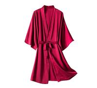 LZPCarra Schlafanzug Damen 3/4 Arm Morgenmantel Leicht Sommer Pyjama Kurz Nachtkleid Bademantel Mit Gürtel Loungewear V-Ausschnitt Hausanzug Robe Nachtwäsche Einfarbige Nachtwäsche Hausmantel