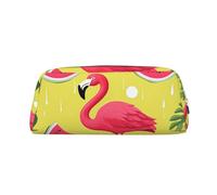 LZQPOEAS Federmäppchen aus Leder, Motiv: Flamingo und Wassermelone, für Reisen, Make-up, Reißverschluss, für Damen und Herren, Rosa, gold, One Size, Druck