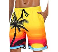 Lzzidou Herren Badehose Quick Dry Hawaii Boardshorts Gefüttert Strandshorts mit Taschen, Gelb-Dämmerung, XXL