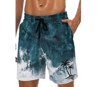 Lzzidou Herren Badehose Quick Dry Hawaii Boardshorts Gefüttert Strandshorts mit Taschen, Grüne Weiß-Meereswelle, M