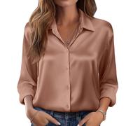 (M,coffee)Women's satin shirt, silk button-down shirt, long-sleeved business casual top Burgundy XL