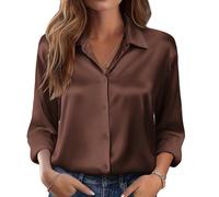 (M,darbrown)Women's satin shirt, silk button-down shirt, long-sleeved business casual top Burgundy XL
