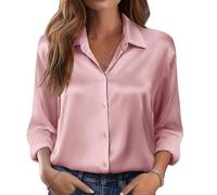 (M,Pink)Women's satin shirt, silk button-down shirt, long-sleeved business casual top Burgundy XL