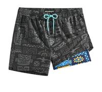 maamgic 12,7 cm Herren-Badehose mit Kompressionsfutter, 2-in-1-Badeshorts, Stretch, schnell trocknend, mit Reißverschlusstaschen, Anthrazitfarbene Tribal-Maske, M