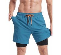 maamgic 2 in 1 Badehose für Herren mit Kompression Innenhose | 7" Schnelltrocknend Badeshorts Männer 4 Way Stretch Boardshorts mit Reißverschlusstasche Verstellbar Tunnelzug,Pur Blau und Schwarz,M