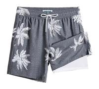 MaaMgic 2 in 1 Badehose für Herren mit Kompression Innenhose | 7" Schnelltrocknend Badeshorts Männer 4 Way Stretch Boardshorts mit Reißverschlusstasche Verstellbar Tunnelzug,M,Kokosnuss Grau