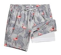 MaaMgic 2 in 1 Badehose für Herren mit Kompression Innenhose | 7" Schnelltrocknend Badeshorts Männer 4 Way Stretch Boardshorts mit Reißverschlusstasche Verstellbar Tunnelzug,M,Flamingo Grau Rosa