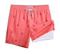 MaaMgic 2 in 1 Badehose für Herren mit Kompression Innenhose | 7" Schnelltrocknend Badeshorts Männer 4 Way Stretch Boardshorts mit Reißverschlusstasche Verstellbar Tunnelzug,M,Rosa Anker