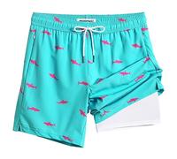 maamgic 2 in 1 Badehose für Herren mit Kompression Innenhose | 7" Schnelltrocknend Badeshorts Männer 4 Way Stretch Boardshorts mit Reißverschlusstasche Verstellbar Tunnelzug,M,Hellblau Rosa Hai