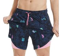 MaaMgic 2 in 1 Badehose für Herren mit Kompression Innenhose | 7" Schnelltrocknend Badeshorts Männer 4 Way Stretch Boardshorts mit Reißverschlusstasche Verstellbar Tunnelzug,M,Blumen Schwarz