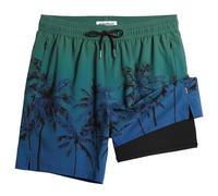 MaaMgic 2 in 1 Badehose für Herren mit Kompression Innenhose | 7" Schnelltrocknend Badeshorts Männer 4 Way Stretch Boardshorts mit Reißverschlusstasche Verstellbar Tunnelzug,M,Kokosnuss-grün