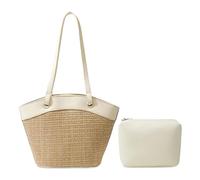 Mabecol Stroh Strandtasche Damen, Basttasche Sommer Mittelgroß, Schultertasche Boho, Stroh Tasche mit Kosmetiktasche, Gewebte Korbtasche Für Strand, Urlaub, Reisen, Alltag, Weiß