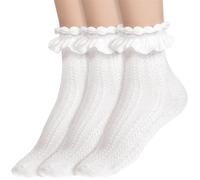 Mabor Weiße Rüschen Socken，Söckchen aus Spitze 3 Paar Weiche Söckchen mit Rüschen Damen Aus Gekämmter Baumwolle mit Spitze Süße Lolita Prinzessinnen Socke für Mädchen