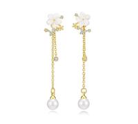 MACACHII Perlenohrringe Lang Blumen Ohrringe Hängend Schmuck Damen Ohringe Hypoallergene 14 Karat Vergoldet Wasserfester Earrings für Frauen Mädchen Kinder Verlobung Hochzeit