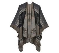 Machbaby Damen Herbst Winter Retro Poncho Schal Gestrickt Beidseitig Tragbar Klassische Wrap Cape Cardigans Schal Quasten Stola,Totemgrau