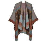 Machbaby Damen Herbst Winter Retro Poncho Schal Gestrickt Beidseitig Tragbar Klassische Wrap Cape Cardigans Schal Quasten Stola,Totem Erdfarbe