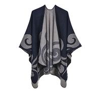 Machbaby Damen Herbst Winter Retro Poncho Schal Gestrickt Beidseitig Tragbar Klassische Wrap Cape Cardigans Schal Quasten Stola,Wolkenmuster marineblau