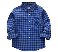 Machbaby Jungen Mädchen Langarm Hemden Plaid Kariert Freizeithemd Tops Baumwolle Button-down Langarmshirt(Blau Kleines Gitter,130)