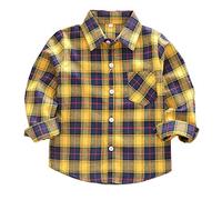 Machbaby Jungen Mädchen Langarm Hemden Plaid Kariert Freizeithemd Tops Baumwolle Button-down Langarmshirt(Gelbes Gitter,120)