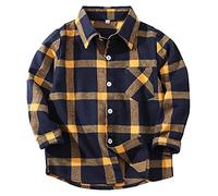 Machbaby Jungen Mädchen Langarm Hemden Plaid Kariert Freizeithemd Tops Baumwolle Button-down Langarmshirt(Blaues und gelbes Gitter,120)