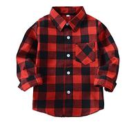 Machbaby Jungen Mädchen Langarm Hemden Plaid Kariert Freizeithemd Tops Baumwolle Button-down Langarmshirt(Rote und Schwarze Quadrate,120)