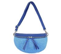 Made in Italy Damen Leder Tasche Basttasche Schultertasche Gürteltasche Sommer Strandtasche Crossbody Bauchtasche Umhängetasche Cross-Over Bodybag Handytasche Geflochten Bast Abendtasche Royalblau